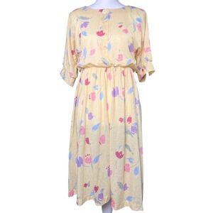 Vintage Avon Fashions Floral Dress Women 3/4 Yellow Short Sleeve USA
